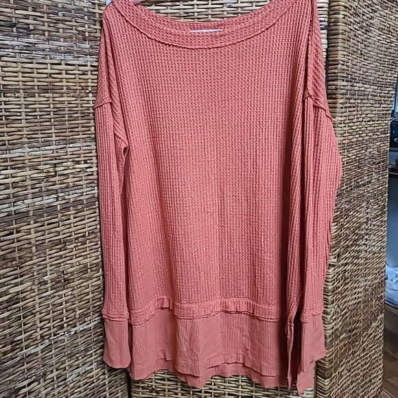 We the Free Free People Waffle Thermal Long Sleeve Tunic Sz L Orange Boho Hippie - Picture 1 of 8